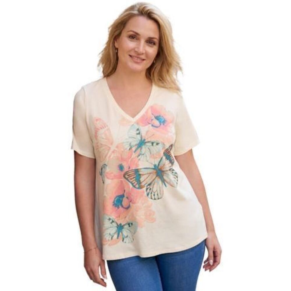 Roaman's Plus Size Ultimate Short Sleeve Swing Tee Ivory Floral Butterflies Sz 3